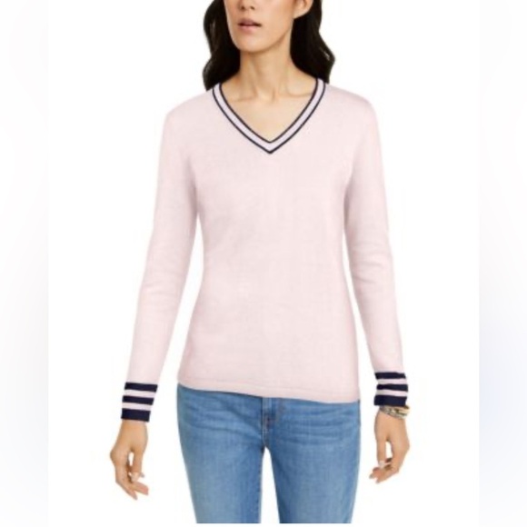 Tommy Hilfiger Sweaters - Tommy Hilfiger NEW Pink V-Neck Sweater Blue Trim Tennis Classic Women’s Size Med